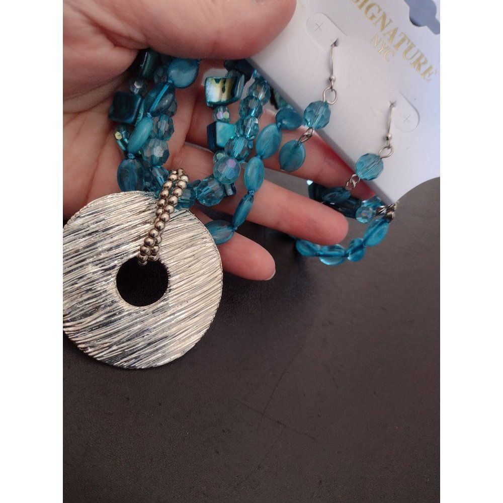 Signature NYC blue and silver matching necklace and earring set